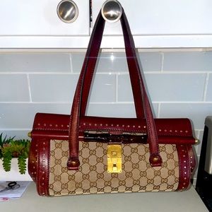 VINTAGE STUDDED BORDEAUX GUCCI BAMBOO BULLET BAG w/ BRASS HARDWARE & ACCENTS